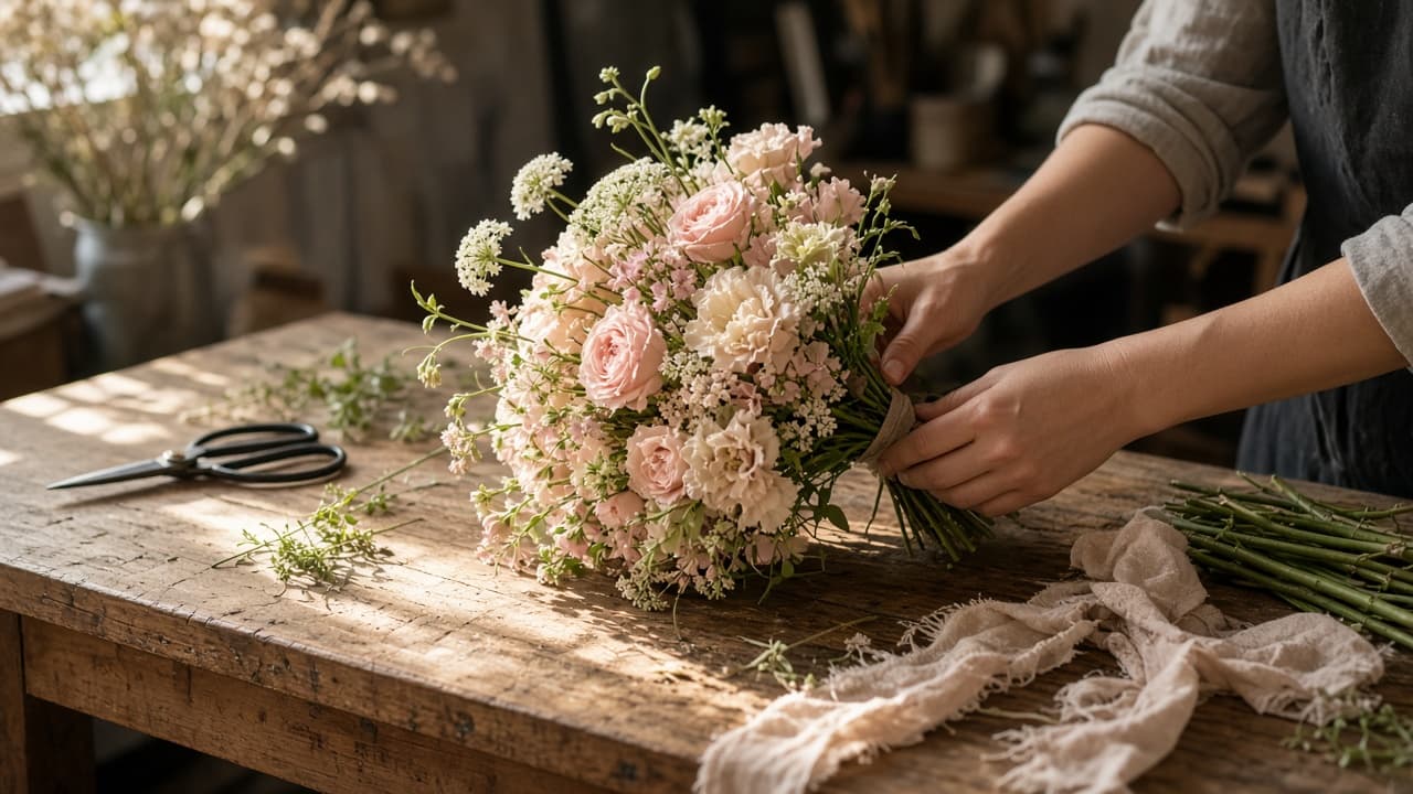 A florist arranging a bouquet of pink roses and carnations